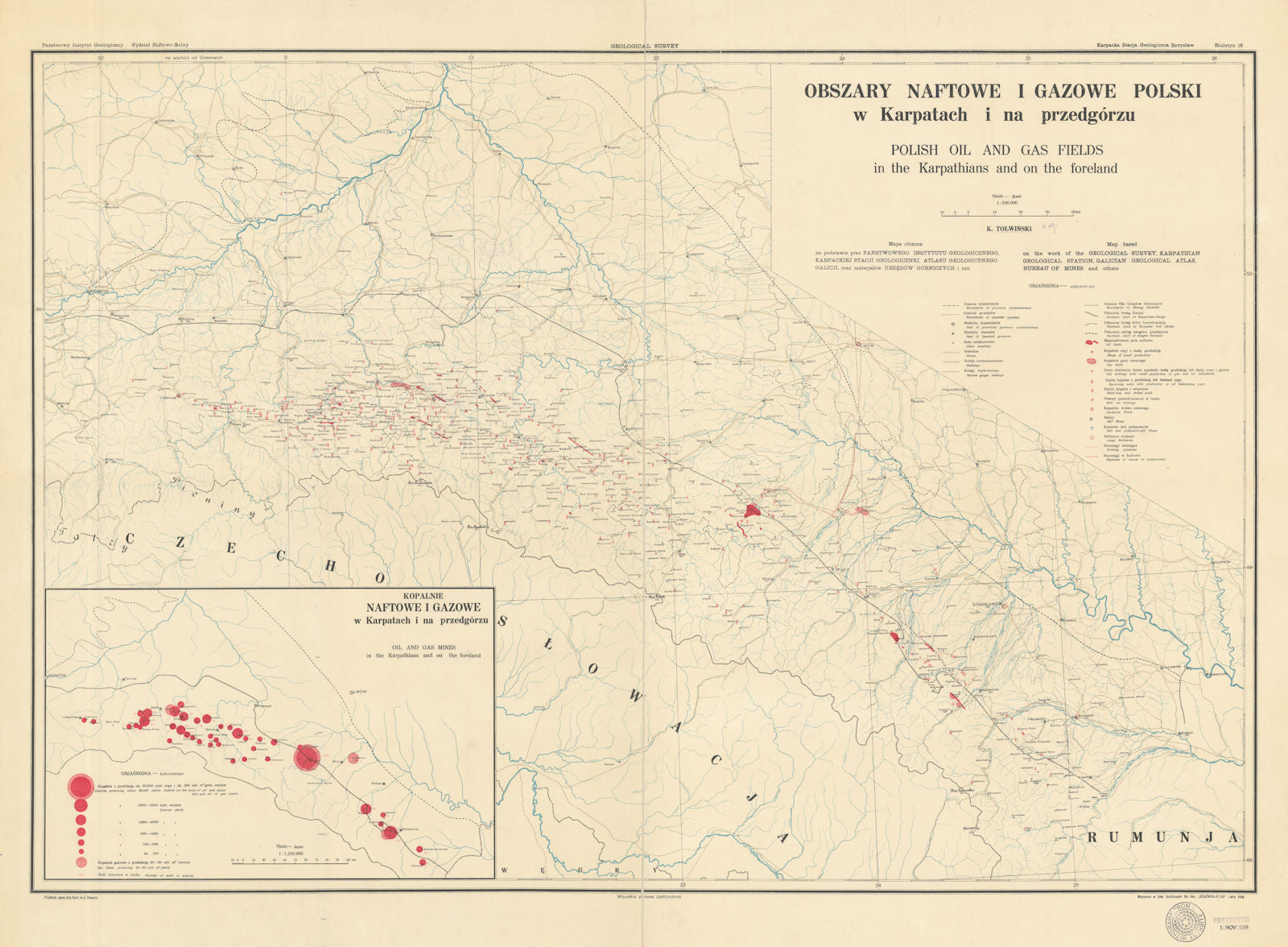Obszary naftowe i gazowe Polski w Karpatach Carpathian Oil & Gas fields 1928 map